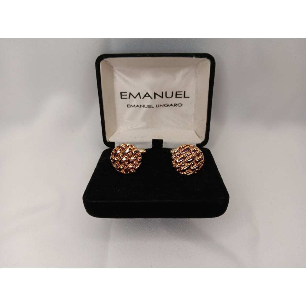 Emanuel Ungaro Gold Tone Round Textured Cufflinks w/ Box Classic Vintage Style